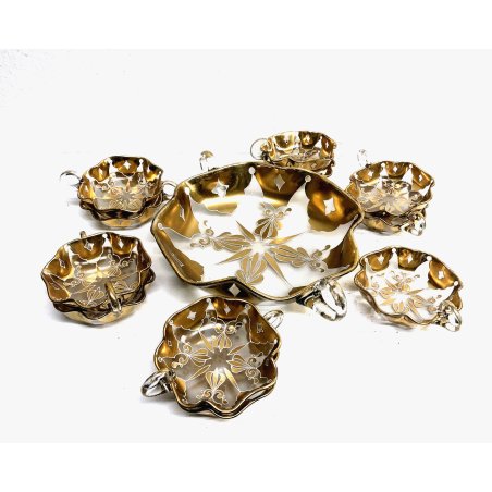 VINTAGE SET DESSERT MACEDONIA 12 Pz CIOTOLE COPPETTE VETRO SOFFIATO ORO ZECCHINO