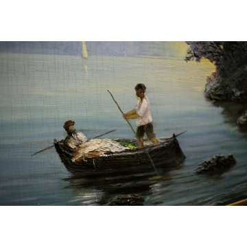 ANTICO DIPINTO OLIO TAVOLA C. Pozzi MARINA PAESAGGIO MARE PESCATORI TRAMONTO 900