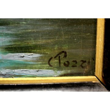 ANTICO DIPINTO OLIO TAVOLA C. Pozzi MARINA PAESAGGIO MARE PESCATORI TRAMONTO 900