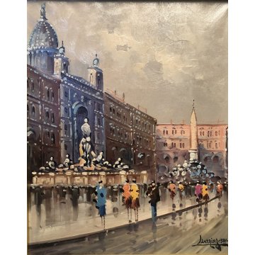 DIPINTO OLIO TELA Luciano Lutring "Passeggiata in piazza" VEDUTA PAESAGGIO 1989