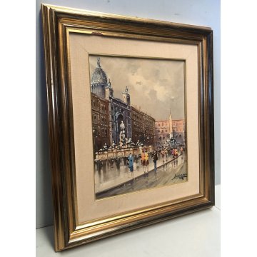 DIPINTO OLIO TELA Luciano Lutring "Passeggiata in piazza" VEDUTA PAESAGGIO 1989