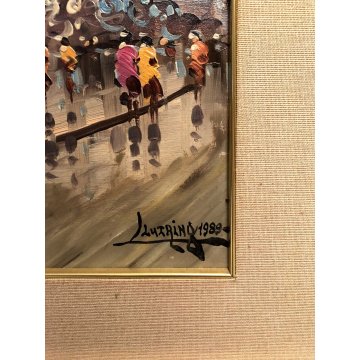 DIPINTO OLIO TELA Luciano Lutring "Passeggiata in piazza" VEDUTA PAESAGGIO 1989