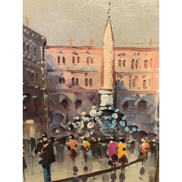 DIPINTO OLIO TELA Luciano Lutring "Passeggiata in piazza" VEDUTA PAESAGGIO 1989