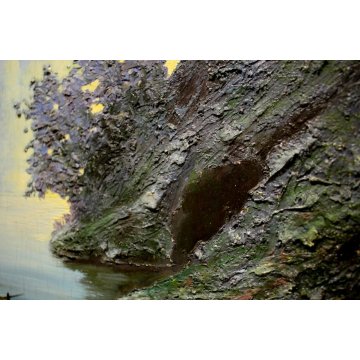 ANTICO DIPINTO OLIO TAVOLA C. Pozzi MARINA PAESAGGIO MARE PESCATORI TRAMONTO 900