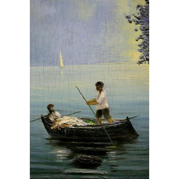 ANTICO DIPINTO OLIO TAVOLA C. Pozzi MARINA PAESAGGIO MARE PESCATORI TRAMONTO 900