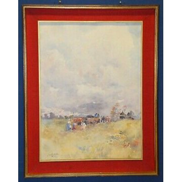 ANTICO QUADRO DIPINTO Gino Scalatelli EPOCA 800 acquerello PAESAGGIO BUE CARRO