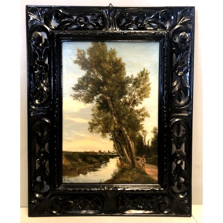 ANTICO DIPINTO G. Corvini PAESAGGIO VIANDANTE CORNICE LEGNO ORNATA SCOLPITA '800