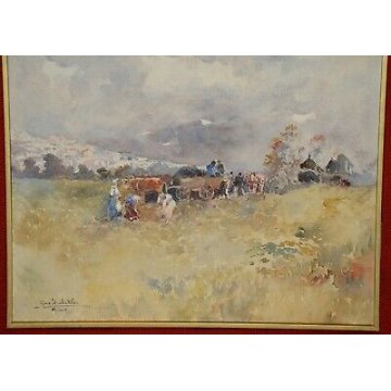 ANTICO QUADRO DIPINTO Gino Scalatelli EPOCA 800 acquerello PAESAGGIO BUE CARRO