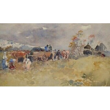 ANTICO QUADRO DIPINTO Gino Scalatelli EPOCA 800 acquerello PAESAGGIO BUE CARRO