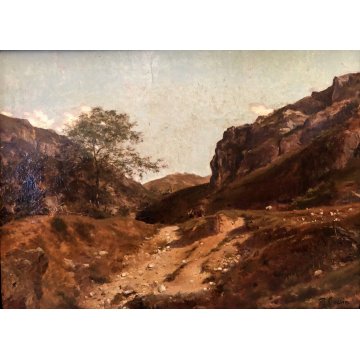 ANTICO DIPINTO G. Corvini PAESAGGIO CAMPAGNA SICILIA ROMA CORNICE SCOLPITA '800