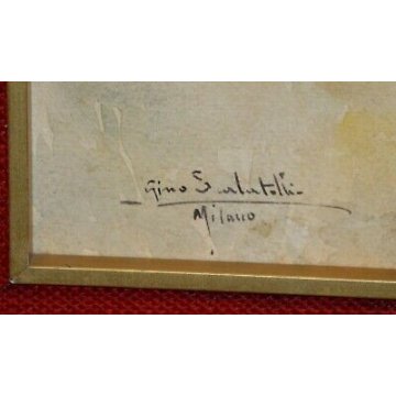 ANTICO QUADRO DIPINTO Gino Scalatelli EPOCA 800 acquerello PAESAGGIO BUE CARRO