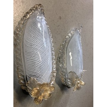 COPPIA APPLIQUE FOGLIA VETRO Murano FILIGRANA AVVENTURINA ATTR. Barovier DIFETTI