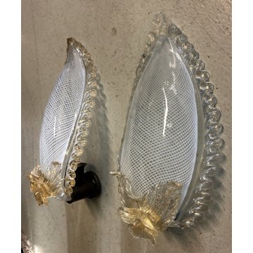 COPPIA APPLIQUE FOGLIA VETRO Murano FILIGRANA AVVENTURINA ATTR. Barovier DIFETTI