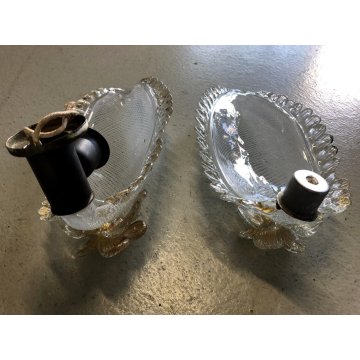 COPPIA APPLIQUE FOGLIA VETRO Murano FILIGRANA AVVENTURINA ATTR. Barovier DIFETTI