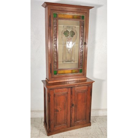 ANTICA CREDENZA VETRINA 1900 BUFFET LEGNO noce abete DISPENSA vetro cattedrale