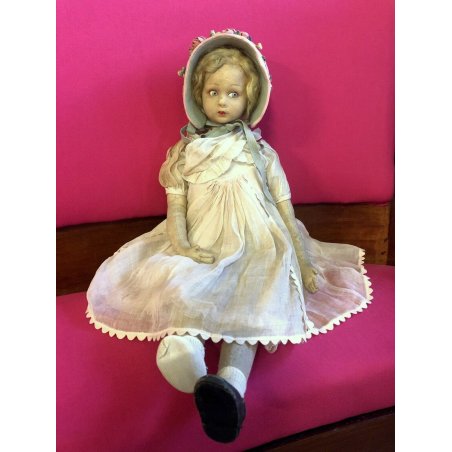 ANTICA BAMBOLA LENCI OLD FELT DOLL VESTITO ORGANZA FIORI ROSA ANNI '30
