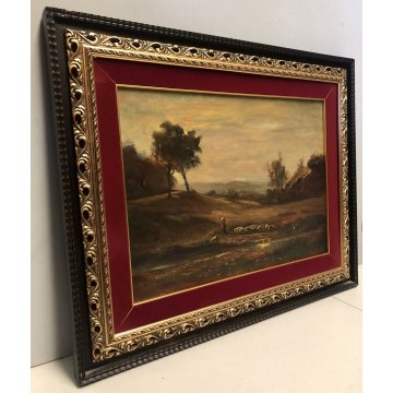 ANTICO QUADRO DIPINTO OLIO  PAESAGGIO NATURALE COLLI LAGO COMO GREGGE PASTORELLA