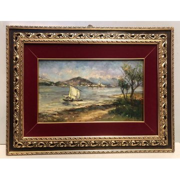 ANTICO QUADRO DIPINTO OLIO PAESAGGIO VEDUTA LAGO MAGGIORE Isola Pescatori '900