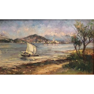 ANTICO QUADRO DIPINTO OLIO PAESAGGIO VEDUTA LAGO MAGGIORE Isola Pescatori '900