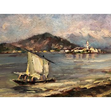 ANTICO QUADRO DIPINTO OLIO PAESAGGIO VEDUTA LAGO MAGGIORE Isola Pescatori '900