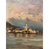 ANTICO QUADRO DIPINTO OLIO PAESAGGIO VEDUTA LAGO MAGGIORE Isola Pescatori '900