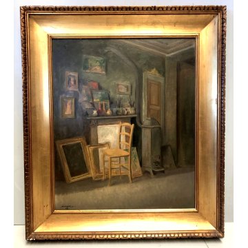 ANTICO QUADRO OLIO G. Scolari Lo studio del pittore INTERNO SEDIA STUFA COMO '43