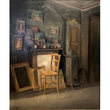 ANTICO QUADRO OLIO G. Scolari Lo studio del pittore INTERNO SEDIA STUFA COMO '43