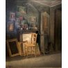 ANTICO QUADRO OLIO G. Scolari Lo studio del pittore INTERNO SEDIA STUFA COMO '43
