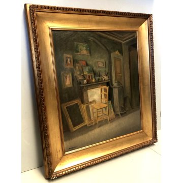 ANTICO QUADRO OLIO G. Scolari Lo studio del pittore INTERNO SEDIA STUFA COMO '43