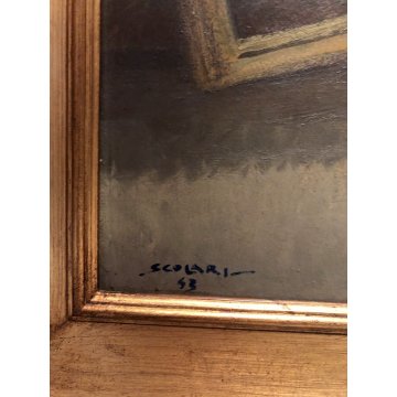 ANTICO QUADRO OLIO G. Scolari Lo studio del pittore INTERNO SEDIA STUFA COMO '43