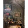ANTICO QUADRO OLIO G. Scolari Lo studio del pittore INTERNO SEDIA STUFA COMO '43