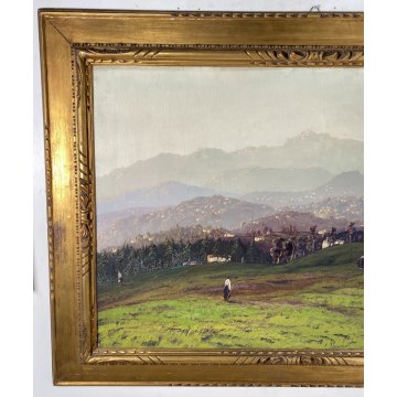 ANTICO QUADRO OLIO TELA GIUSEPPE PESSINA LAGO MAGGIORE ANNI 40/50 CORNICE ORO