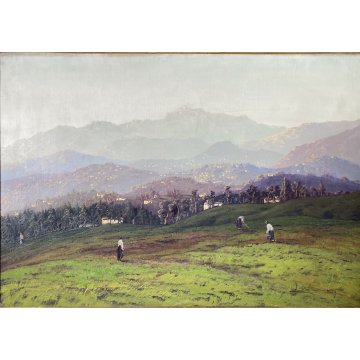 ANTICO QUADRO OLIO TELA GIUSEPPE PESSINA LAGO MAGGIORE ANNI 40/50 CORNICE ORO