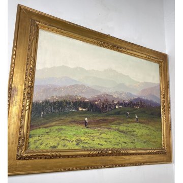 ANTICO QUADRO OLIO TELA GIUSEPPE PESSINA LAGO MAGGIORE ANNI 40/50 CORNICE ORO