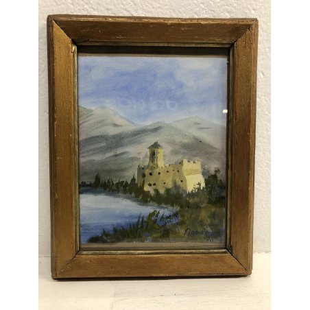 ANTICO QUADRO ACQUERELLO Valere Novarina PAESAGGIO LACUSTRE CASTELLO SUISSE '900