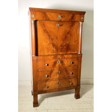 ANTICO SECRETAIRE RIBALTA IMPERO 1800 SCRITTOIO LASTRONATO RADICA NOCE BIGLIA