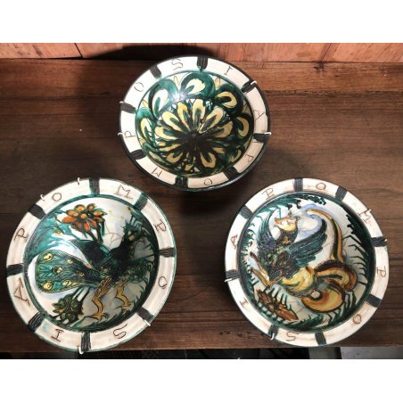 LOTTO n° 3 CIOTOLA CERAMICA PARETE Vecchia Faenza DECORO GROTTESCHE PAVONE FIORI