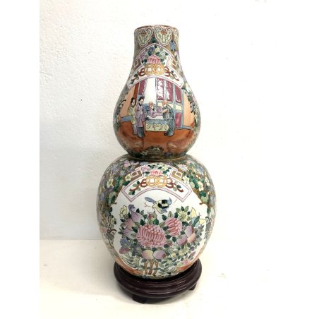 GRANDE VASO CINESE PORCELLANA DECORO POLICROMO Famille Rose DOPPIA ZUCCA '900