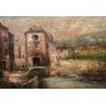 ANTICO QUADRO DIPINTO OLIO Zampieri PAESAGGIO BORGO LAVANDAIE CORNICE GUILLOCHE