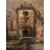 ANTICO QUADRO DIPINTO OLIO Zampieri PAESAGGIO BORGO LAVANDAIE CORNICE GUILLOCHE