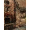 ANTICO QUADRO DIPINTO OLIO Zampieri PAESAGGIO BORGO LAVANDAIE CORNICE GUILLOCHE