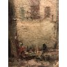 ANTICO QUADRO DIPINTO OLIO Zampieri PAESAGGIO BORGO LAVANDAIE CORNICE GUILLOCHE