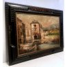 ANTICO QUADRO DIPINTO OLIO Zampieri PAESAGGIO BORGO LAVANDAIE CORNICE GUILLOCHE