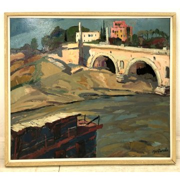 DIPINTO OLIO TAVOLA ASTRATTO Carlo Montarsolo "Sul Tevere" PAESAGGIO VEDUTA ROMA
