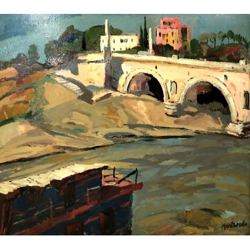 DIPINTO OLIO TAVOLA ASTRATTO Carlo Montarsolo "Sul Tevere" PAESAGGIO VEDUTA ROMA