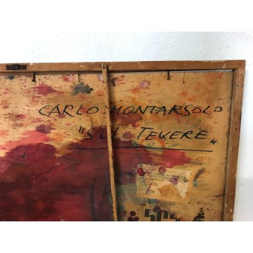 DIPINTO OLIO TAVOLA ASTRATTO Carlo Montarsolo "Sul Tevere" PAESAGGIO VEDUTA ROMA