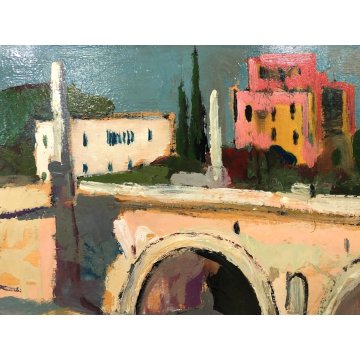 DIPINTO OLIO TAVOLA ASTRATTO Carlo Montarsolo "Sul Tevere" PAESAGGIO VEDUTA ROMA