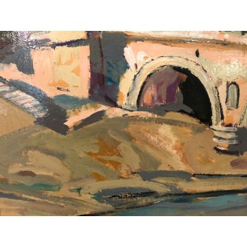 DIPINTO OLIO TAVOLA ASTRATTO Carlo Montarsolo "Sul Tevere" PAESAGGIO VEDUTA ROMA