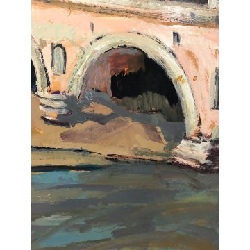 DIPINTO OLIO TAVOLA ASTRATTO Carlo Montarsolo "Sul Tevere" PAESAGGIO VEDUTA ROMA
