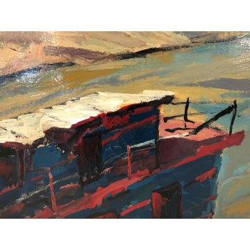 DIPINTO OLIO TAVOLA ASTRATTO Carlo Montarsolo "Sul Tevere" PAESAGGIO VEDUTA ROMA